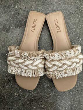 SCHUTZ Beige Braided Fringe Slide Sandals